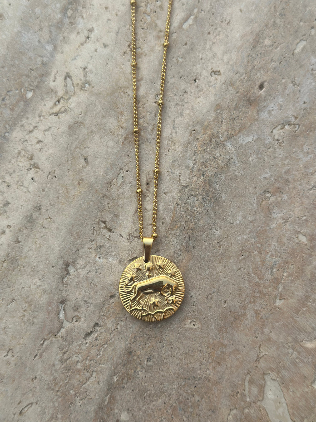 Gold zodiac coin pendant necklace, view 5