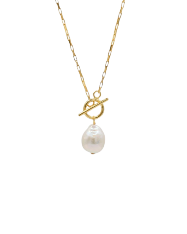 Gold T-Bar necklace with pearl pendant