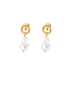 Gold swirl pearl pendant earrings