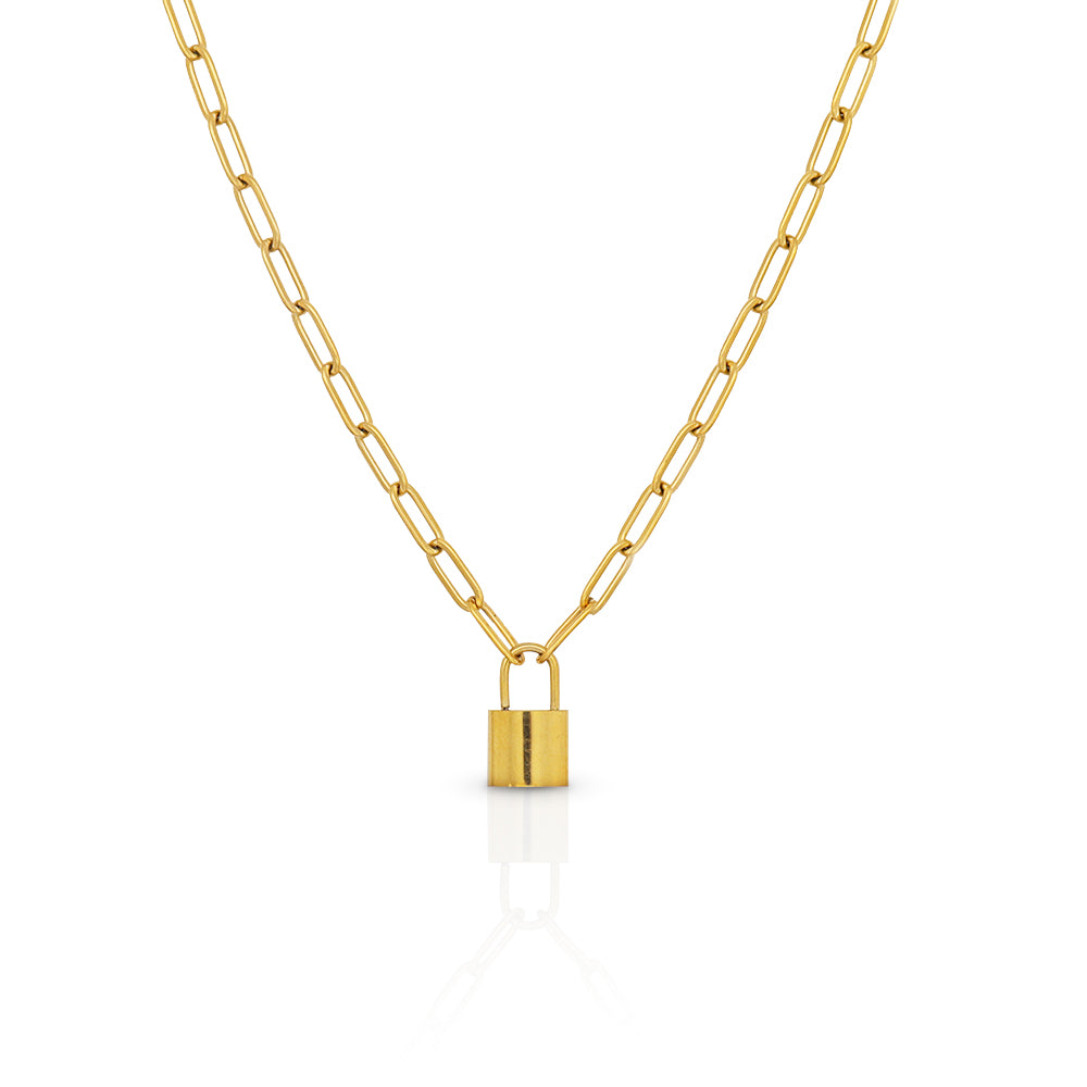Gold paperclip chain necklace padlock pendant