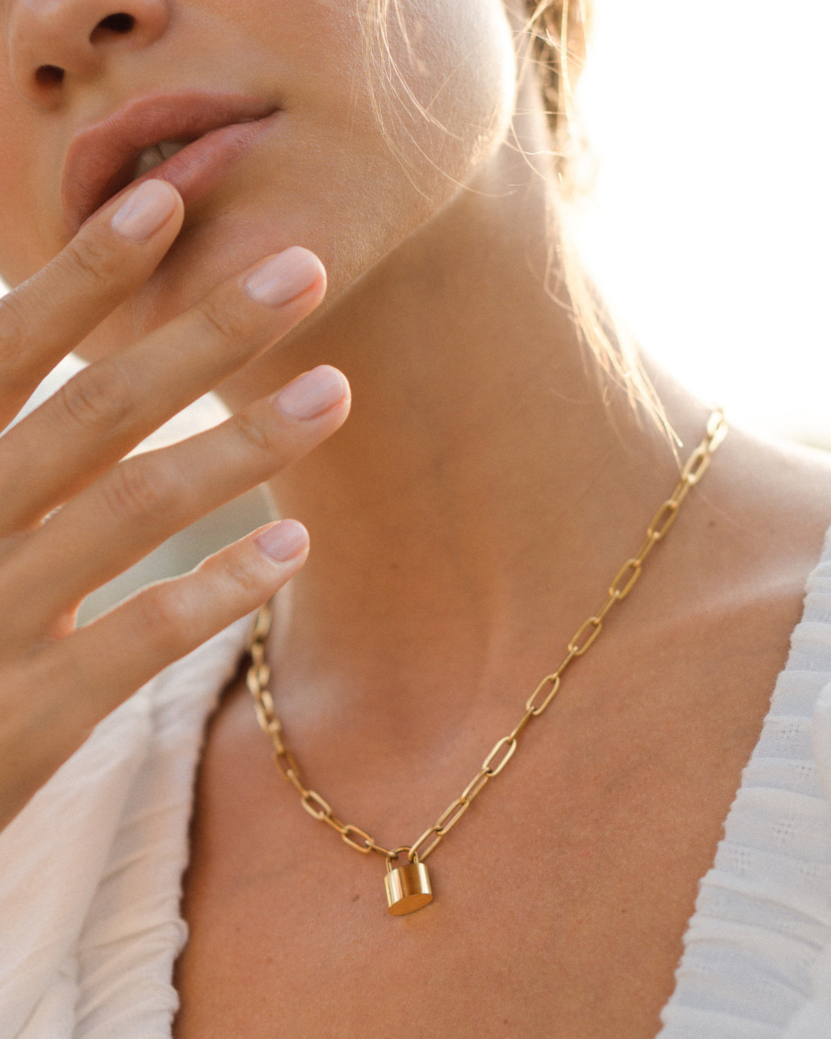 Gold paperclip chain necklace padlock pendant